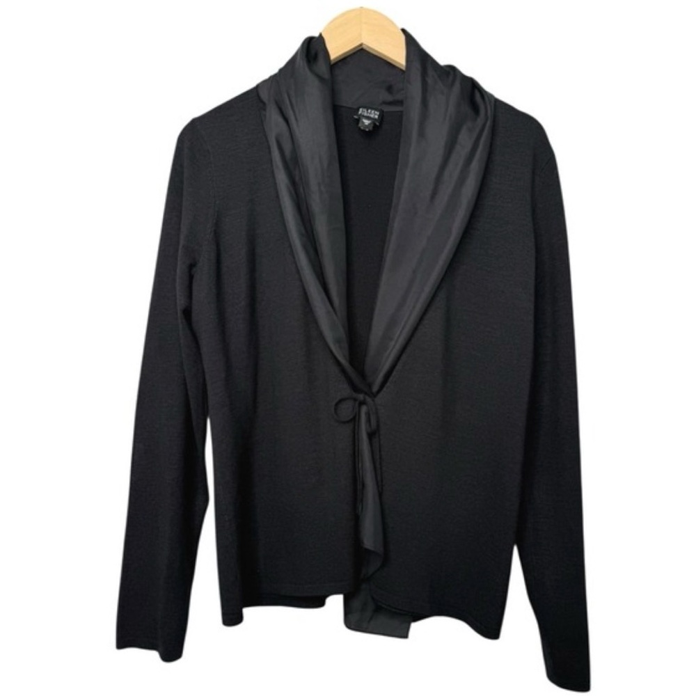 Eileen Fisher Black Silk- Trimmed and Silk Blend Cardigan Luxuriously Soft